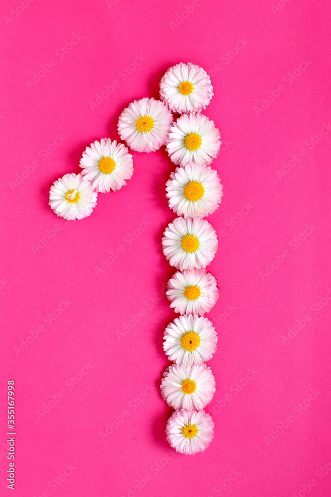 The number 1 is written in white pink flowers on a bright pink background. The number one is written in live colors, highlighted on a pink background. Arabic numerals inlaid with daisies.