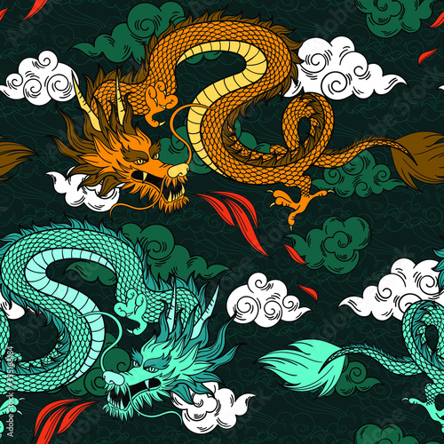Vector seamless pattern with chinese dragon and clouds. Hand drawn. Abstract art print. Wallpaper, cloth design, fabric, tissue, textile design template, background. Mythological 