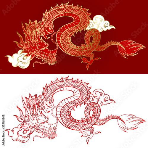 Traditional chinese Dragon and clouds. Asian vector illustration. Mythological creature sketch hand drawn. Red serpent and clouds with golden outline drawing