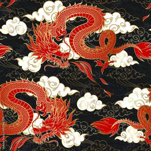 Vector seamless pattern with red chinese dragon and clouds. Hand drawn golden stroke. Abstract art print.  Wallpaper, cloth design, fabric, tissue, textile design template, background. Mythological 