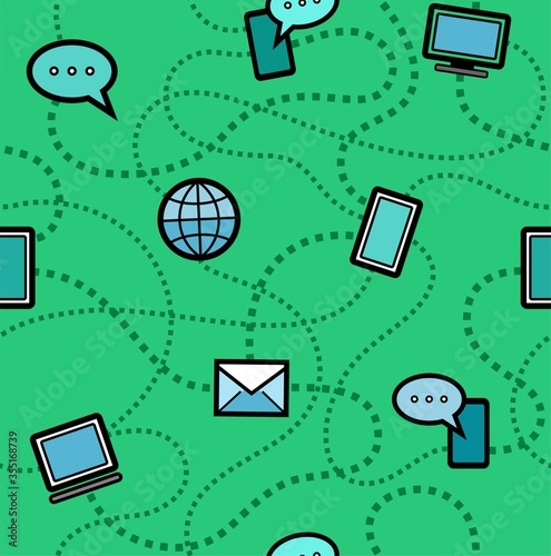 Internet, seamless pattern, green. Different gadgets on the green field. Modern communication. Transmitting information at a distance. A coloured flat image. Illustration. Vector.  