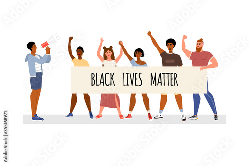  Concept on the theme of racism. Stop racism. The image of protesting people, equality. Black lives matter. Vector stock illustration. Isolated on a white background. Flat style.