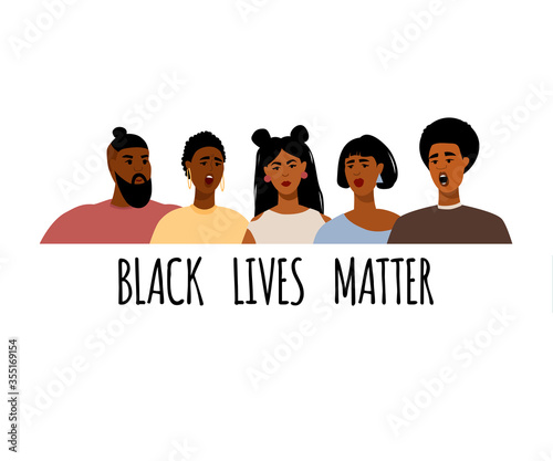  Concept on the theme of racism. Stop racism. The image of protesting people, equality. Black lives matter. Vector stock illustration. Isolated on a white background. Flat style.