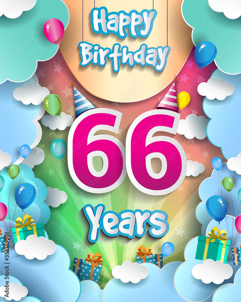 66th Years Birthday Design for greeting cards and poster, with clouds and gift box, balloons. design template for anniversary celebration.