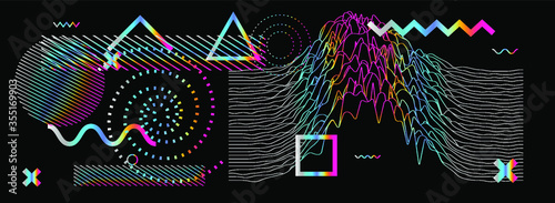 Generative art and data visualization of Simplex or Perlin noise function. Abstract glitched background with geometric composition. Futuristic sci-fi illustration.