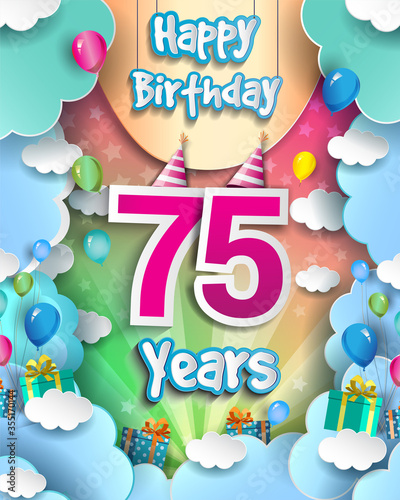 75th Years Birthday Design for greeting cards and poster, with clouds and gift box, balloons. design template for anniversary celebration.