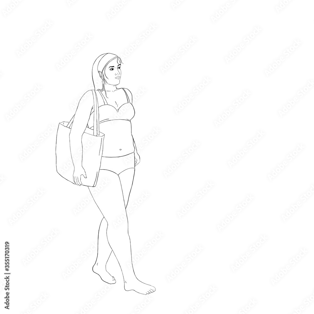 young woman with a bag wearing bikini, curvy girl go to the beach or pool.