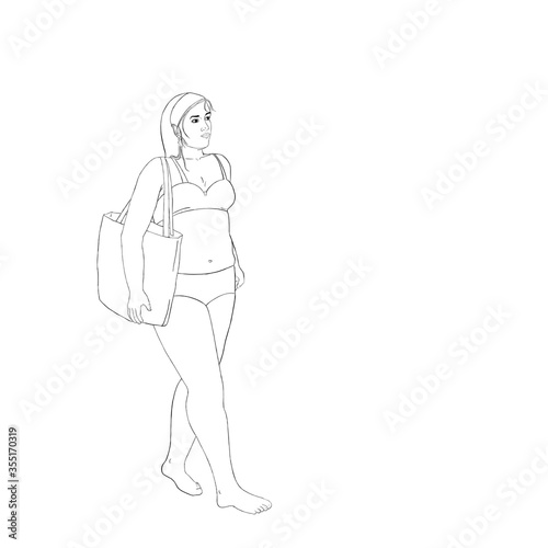 young woman with a bag wearing bikini, curvy girl go to the beach or pool.