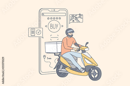 Shopping, fast delivery, digital marketing, quarantine coronavirus concept. Man boy supplier cartoon character goes to order in scooter. Application purchases using smartphone on lockdown illustration