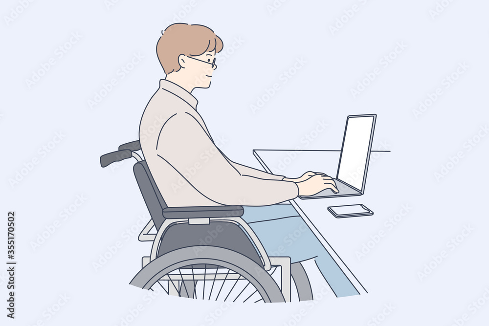 Disability, business, freelance, online concept. Young disabled handicapped man clerk manager cartoon character freelancer in wheelchair working in laptop at office or home. Remote work on lockdown. Disability, business, freelance, online concept. Young disabled handicapped man clerk manager cartoon character freelancer in wheelchair working in laptop at office or home. Remote work on lockdown.