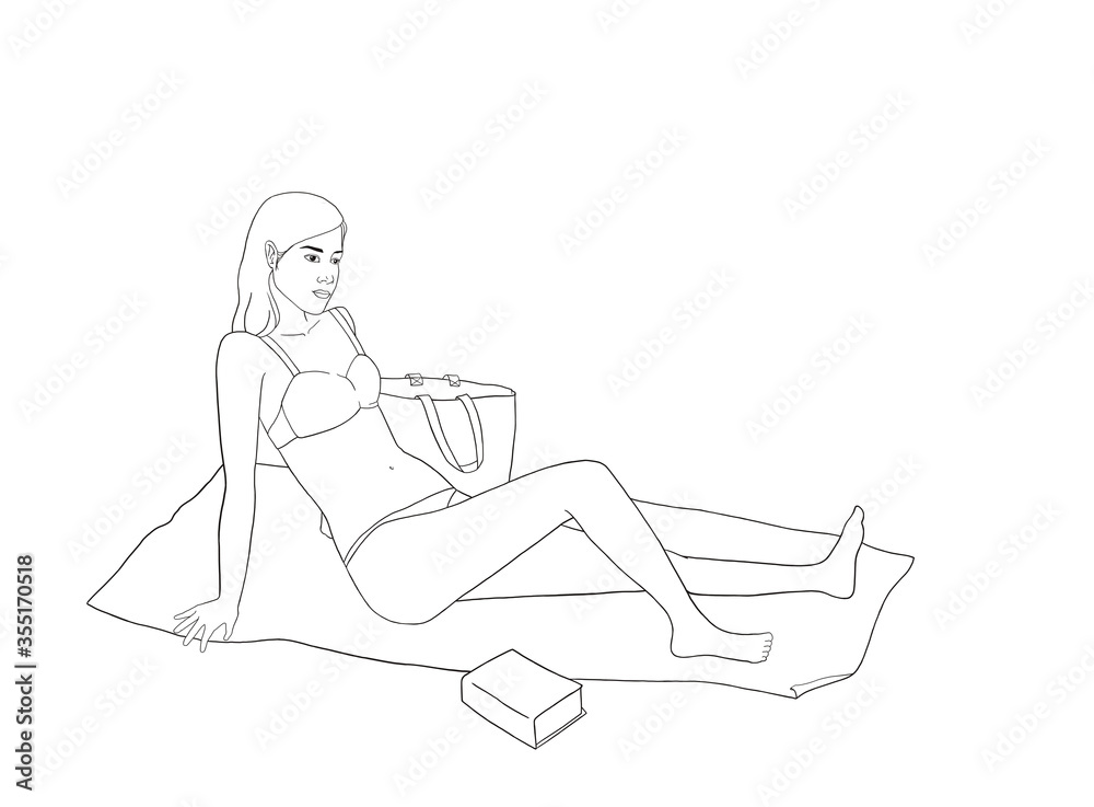 Girl sitting on the sand, young woman sunbathing, black and white drawing. Girl sitting on the sand, young woman sunbathing, black and white drawing.