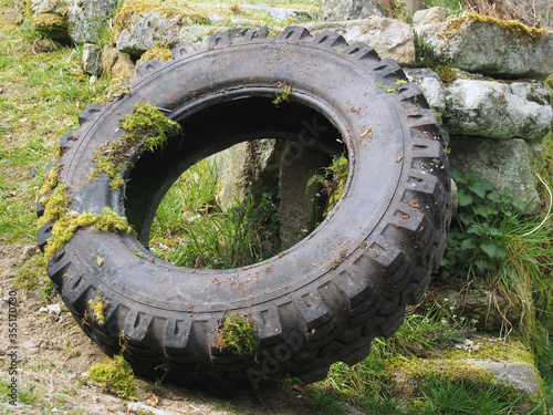 an old heavy duty automobile tyre covered in moss abandoned near a rustic stone wall