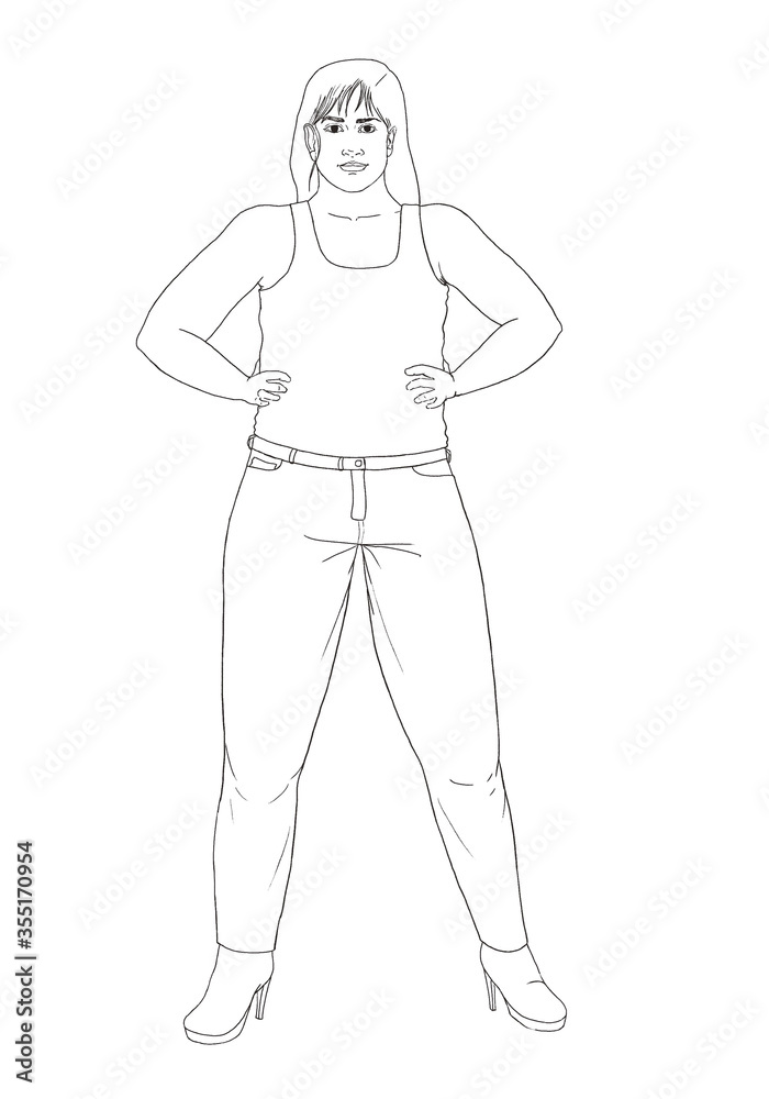 Young curvy woman look at front, large size model, fashion illustration in black and white. Young curvy woman look at front, large size model, fashion illustration in black and white.