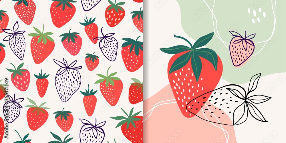Strawberry collection with seamless pattern and abstract composition, doodle shapes, trendy design