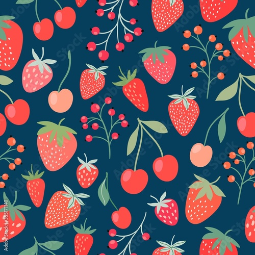 Decorative seamless pattern with strawberries, cherries and currants