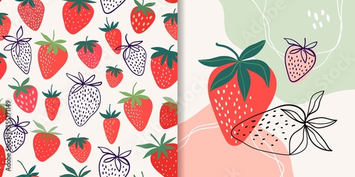Strawberry collection with seamless pattern and abstract composition, doodle shapes, trendy design