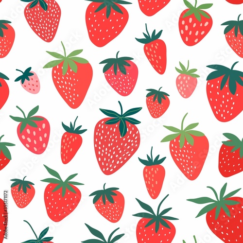 Strawberry seamless pattern with hand drawn decorative elements, white background