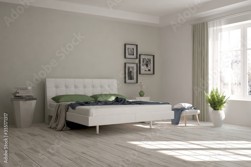 White stylish minimalist bedroom. Scandinavian interior design. 3D illustration © AntonSh