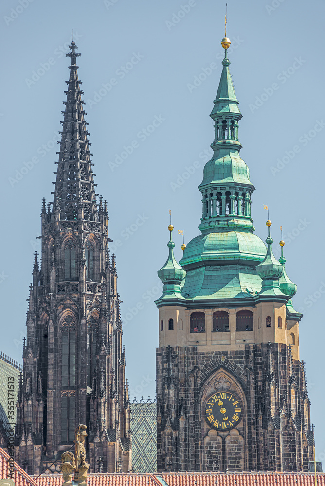 Towers of Magnificent Saint Vitus Cathedral in Prague, Czech Republic, summer