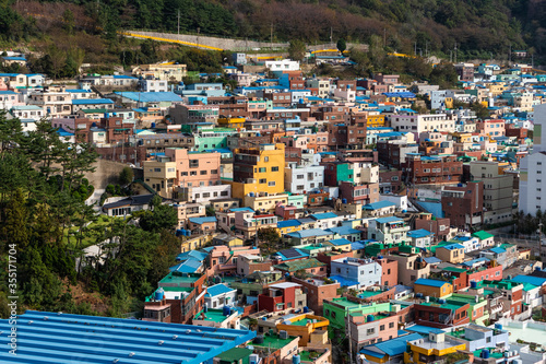 Gamcheon cultural village. Colorful painted houses built on a hill. Neighborhood built by immigration after Korean civil war. Artists neighborhood after rehabilitation. Busan, South Korea, Asia © Alba