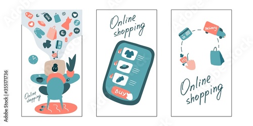 Online shopping. Set of vertical web banner. Stages of online shopping from home, choice-payment-delivery. Flat vector graphic