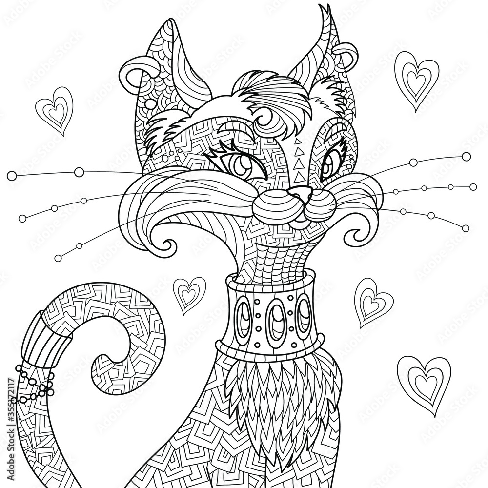 Cartoon lady cat with hearts. Cute kitten vector illustration. Graphic