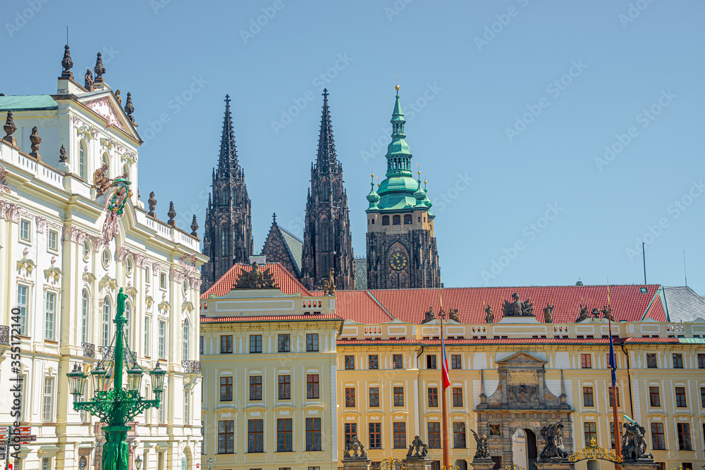 Towers of Magnificent Saint Vitus Cathedral and Archbishop Palace in Prague, Czech Republic, summer