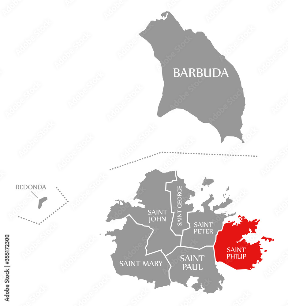 Saint Philip red highlighted in map of Antigua and Barbuda Stock
