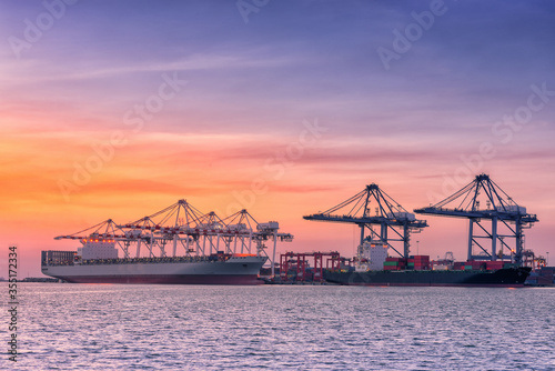 Transportation Industry and Shipping Logistics Loading Dock Port Terminal of Forwarder, Containers Import and Export of Sea Freight Transport Industrial. Port Maritime and Harbor Container Cargo Ship