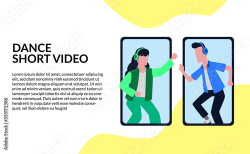 boy and girl using headphone dancing on the smartphone for virtual web streaming. Entertainment web app. joy and happy