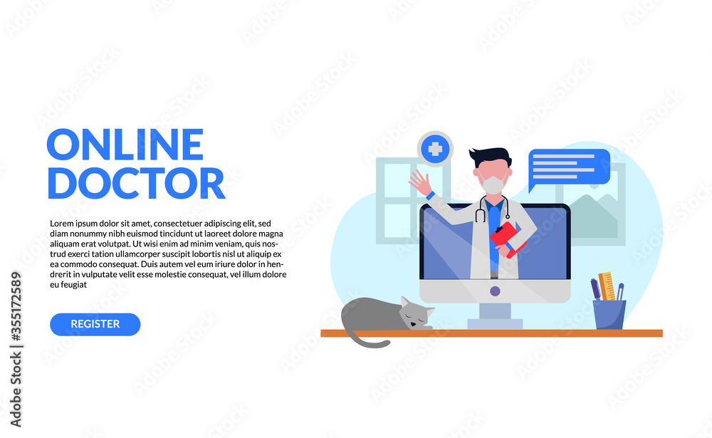 online doctor consultation with flat design character with computer screen on the desk with pencil case and pet cat sleeping. online doctor consultation with flat design character with computer screen on the desk with pencil case and pet cat sleeping.