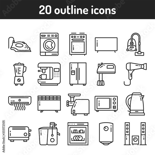 Household appliances black line icons set. Home and kitchen electronics. Domestic technology. Signs for web page, mobile app, banner. 