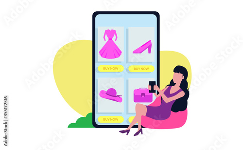 young woman put on dress sit on the beanbag for online shopping fashion item concept.
