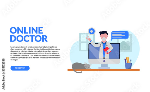 online doctor consultation with flat design character with computer screen on the desk with pencil case and pet cat sleeping.