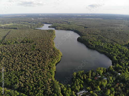 Aerial view of lake Bötzsee which is about four km long and 400 m wide and stretches between the towns of Altlandsberg and Strausberg in the district of Märkisch-Oderland, in the state of Brandenburg.