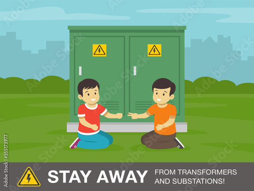 Two kids sitting beside the electrical transformer and playing rock paper scissors game. Stay away from transformers and substations warning sign. Flat vector illustration.