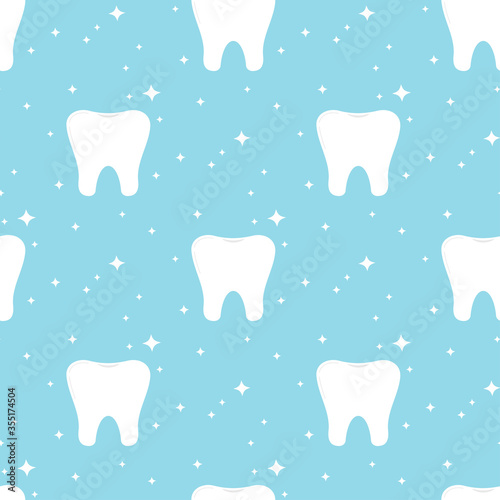 White tooth with sparkles seamless pattern. Vector dentist seamless print on blue background for dental design. Flat simple design endless texture.