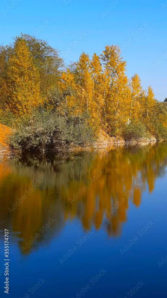 landscape river bank with yellow green trees on a summer day reflected in water