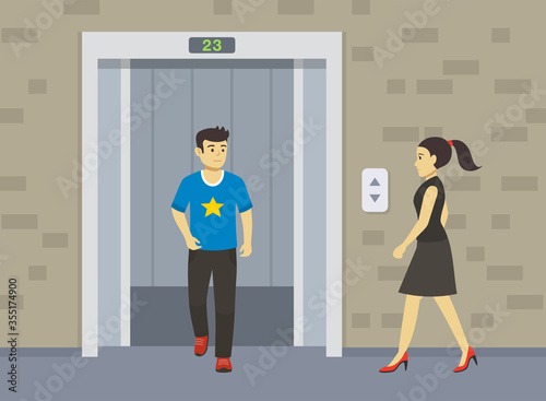 Elevator with open doors. Young man going out the lift. Flat vector illustration.