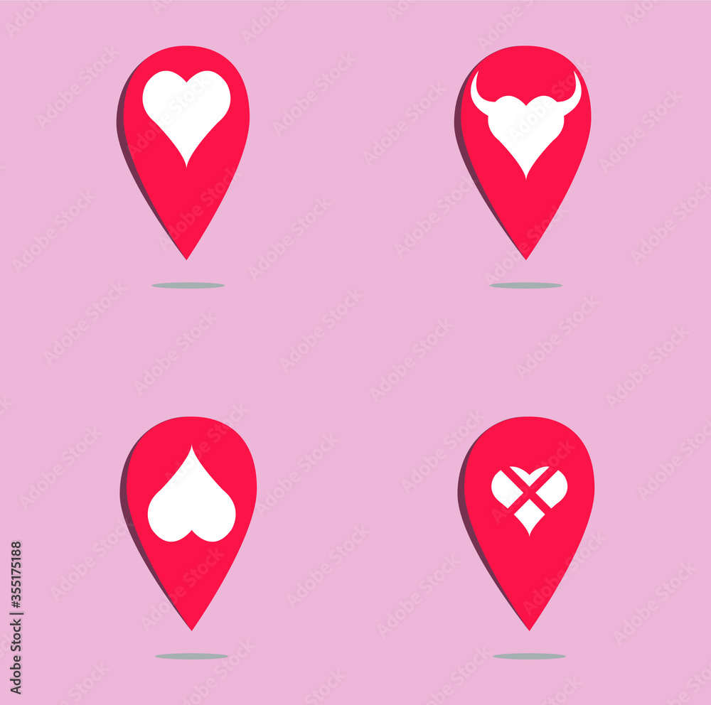 Set of bundle symbols of the location of the mark of love. Isolated on pink background.