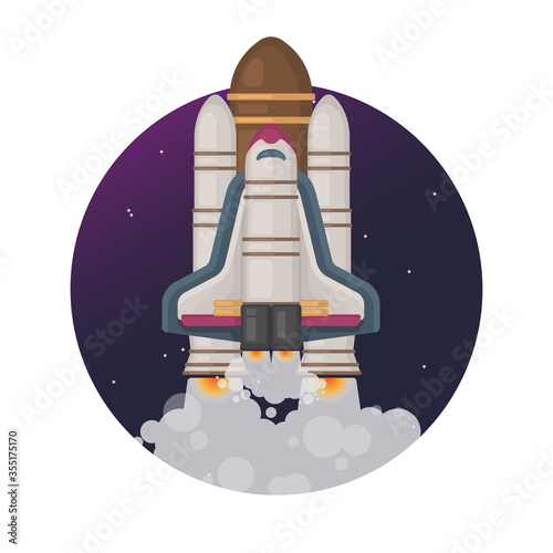 Start up. Flying rocket around of the galaxy. Rocketship flat illustration. Vector.