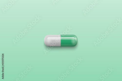 Vector Realistic 3d Green, White Medical Pill Closeup Isolated on Green Background. Design Template for Graphics, Banners. Female Health Concept. Women s Health Care, Vitamins, Supplements. Top View