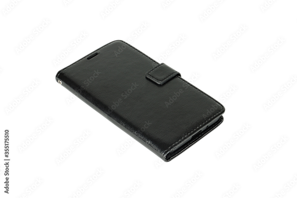 Case made of genuine leather, black for a cell phone on a white isolated background. Case made of genuine leather, black for a cell phone on a white isolated background.