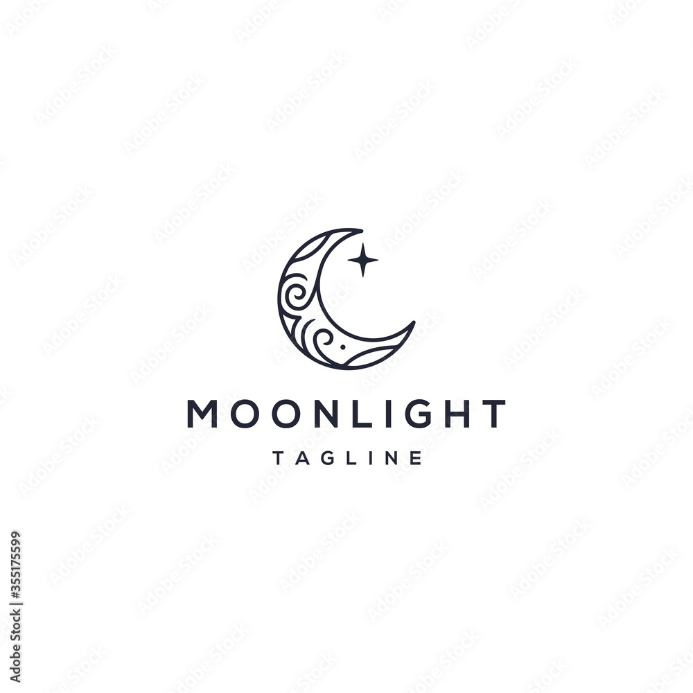 elegant crescent moon and star logo design line icon vector in luxury ...