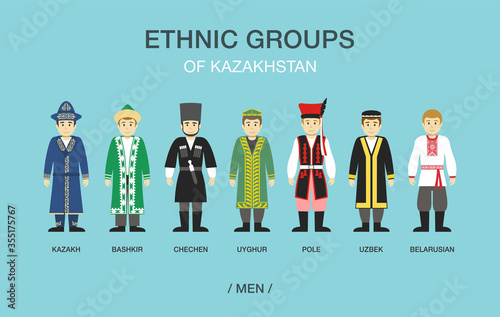 Ethnic groups of Kazakhstan. People in traditional costumes. Flat vector illustration.