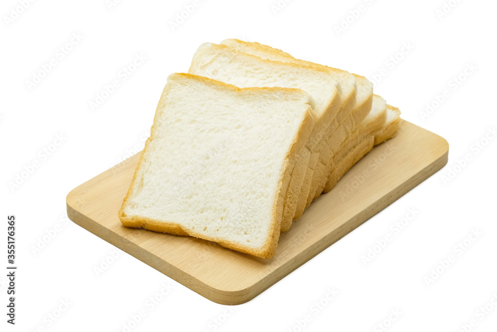 Bread sheet stacked on wooden board placed on white background.