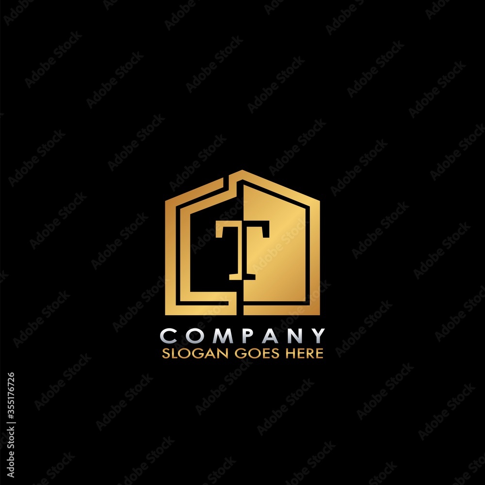 Golden House T letter logo, initial half negative space letter design for business, building and property style oncept Golden House T letter logo, initial half negative space letter design for business, building and property style oncept