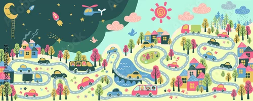 Obraz giant kind poster with city life - cars, school buses, roads, night and day, buildings, trees, flowers, bridge, river, lake, moon, sun, rail, clouds, sun - flat hand drawn vector illustration