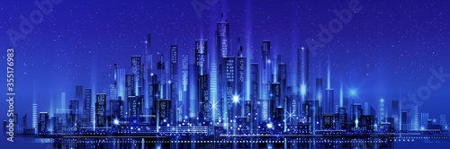 Night city skyline with neon glow. Illustration with architecture  skyscrapers  megapolis  buildings  downtown.