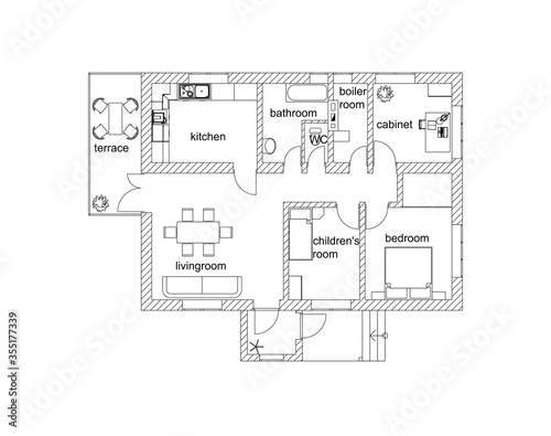 Blueprint suburban house ground floor. Black and White floor plan of a modern apartment. Vector archtectural Illustration.